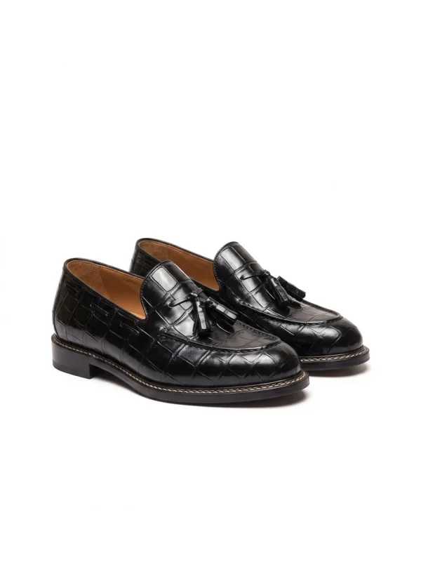 Black Lombardo Alligator Tassel Loafers, three-quarter view