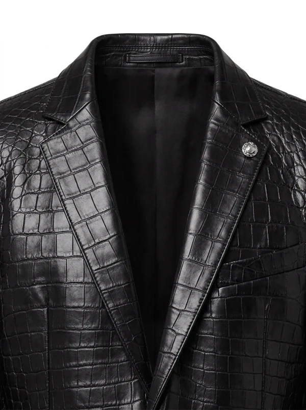 Black Navigli Crocodile Blazer, lapel detail