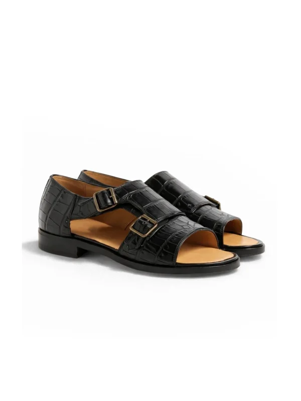 Black Palladio Alligator Monk Strap Shoes, three-quarter view