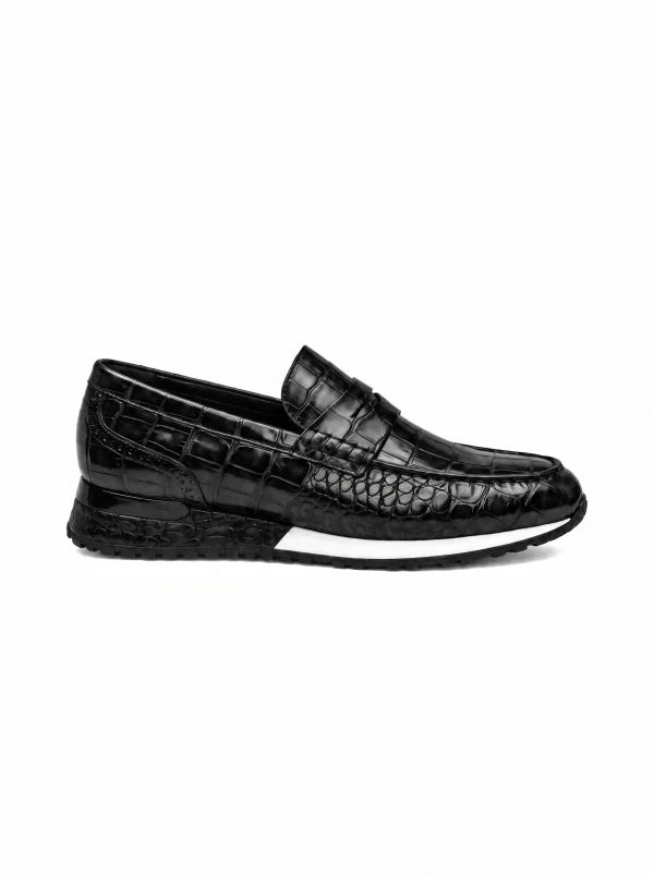 Black Portofino Crocodile Running Loafer, side profile