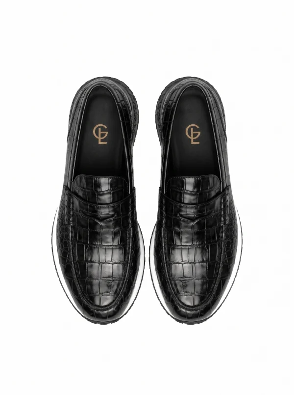 Black Portofino Crocodile Running Loafer, top view