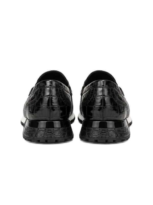 Black Portofino Crocodile Running Loafer, rear view
