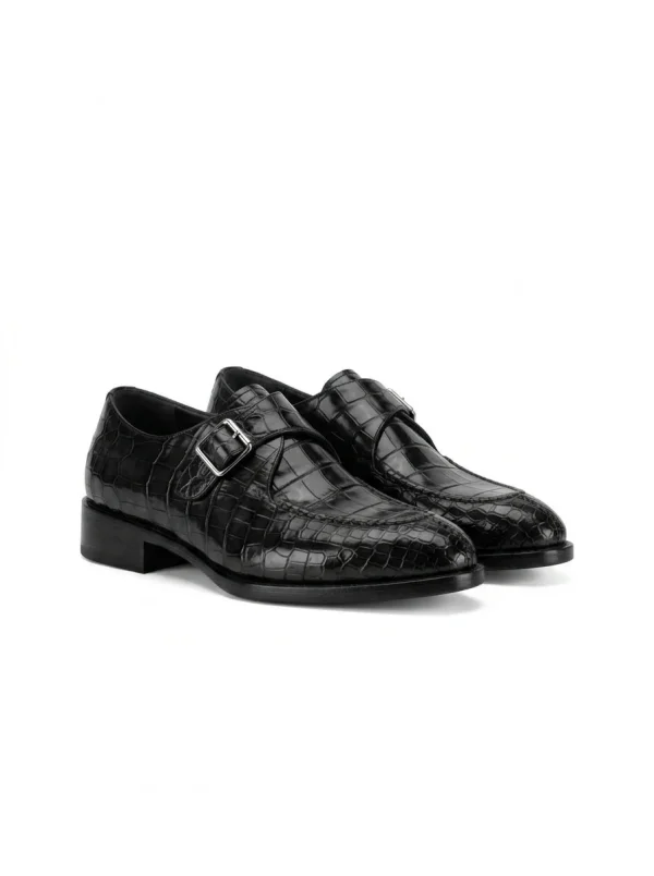 Black Ravenna Alligator Monk Strap Shoes, three-quarter view
