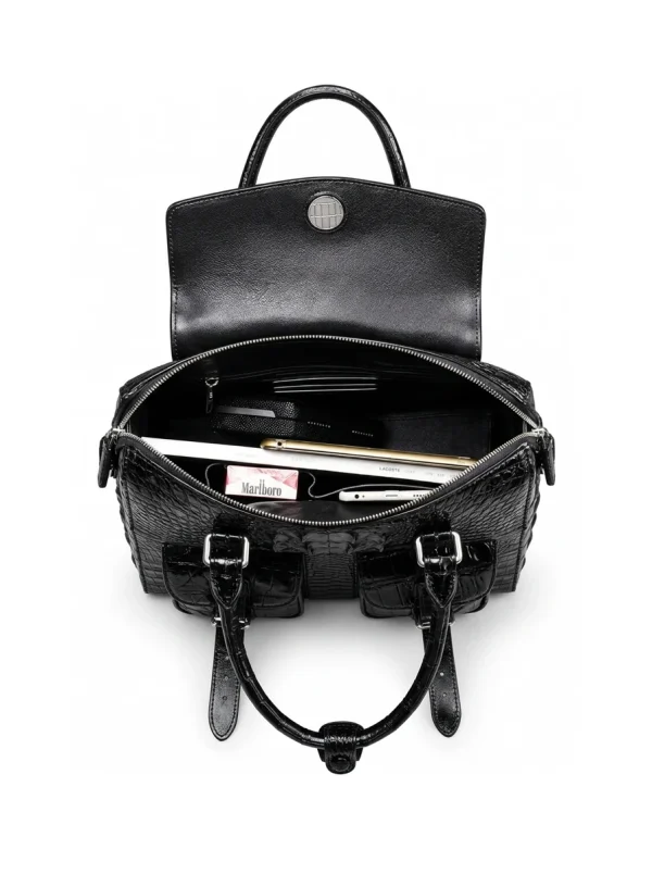 Black Raventon Crocodile Laptop Tote, side profile