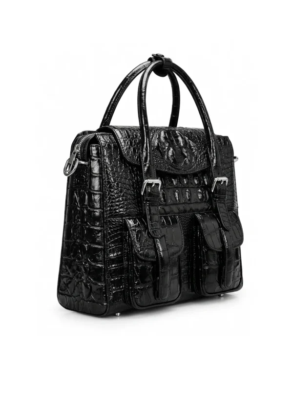 Black Raventon Crocodile Laptop Tote, strap detail
