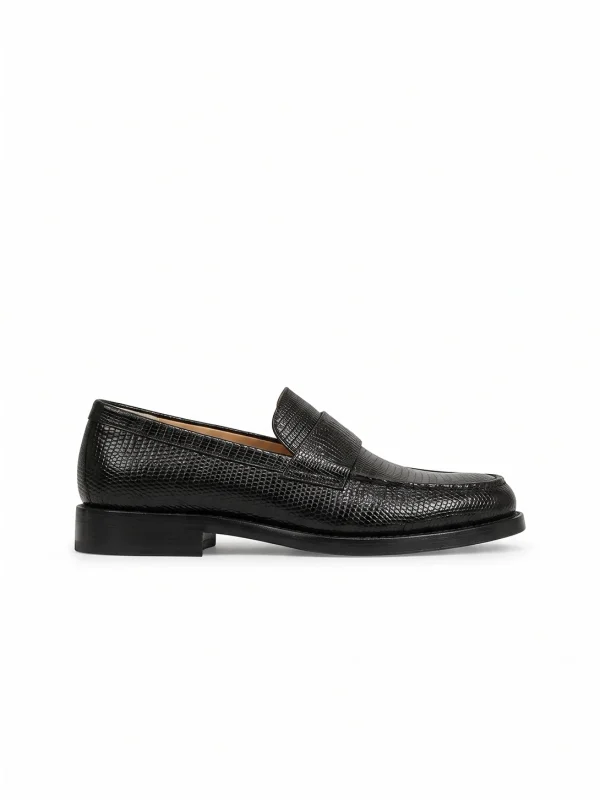 Black Regalino Lizard Penny Loafers, side profile