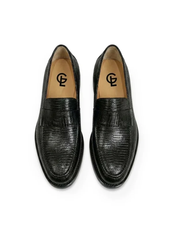 Black Regalino Lizard Penny Loafers, top view