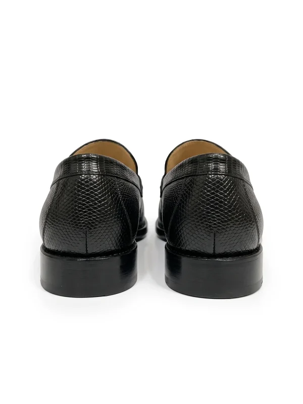 Black Regalino Lizard Penny Loafers, rear view