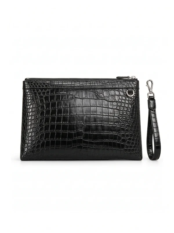 Black Sforzato Crocodile Zip Pouch, flat front