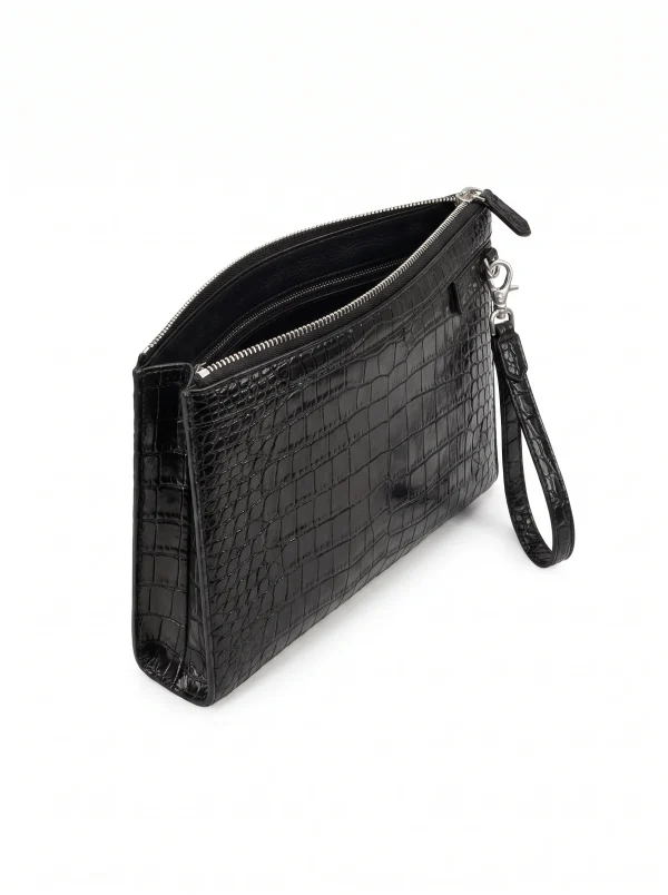 Black Sforzato Crocodile Zip Pouch, three-quarter view