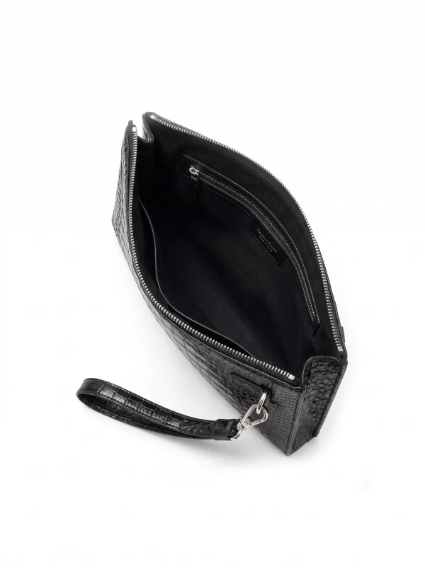 Black Sforzato Crocodile Zip Pouch, open interior