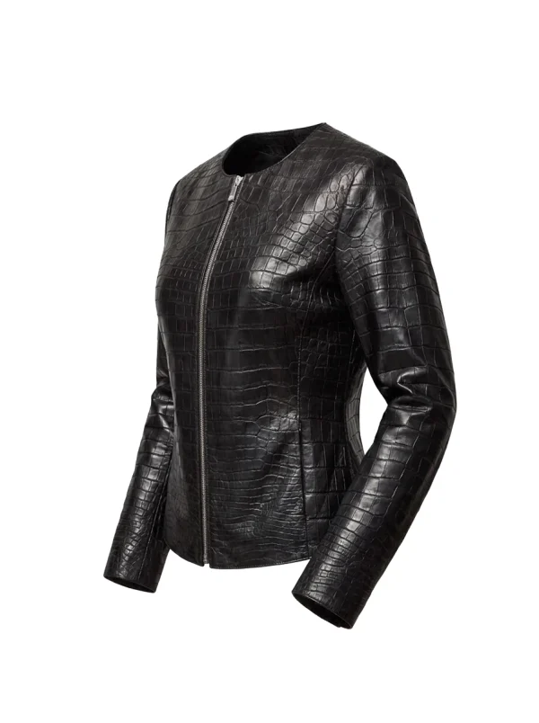 Black Solferino Crocodile Collarless Jacket, three-quarter view