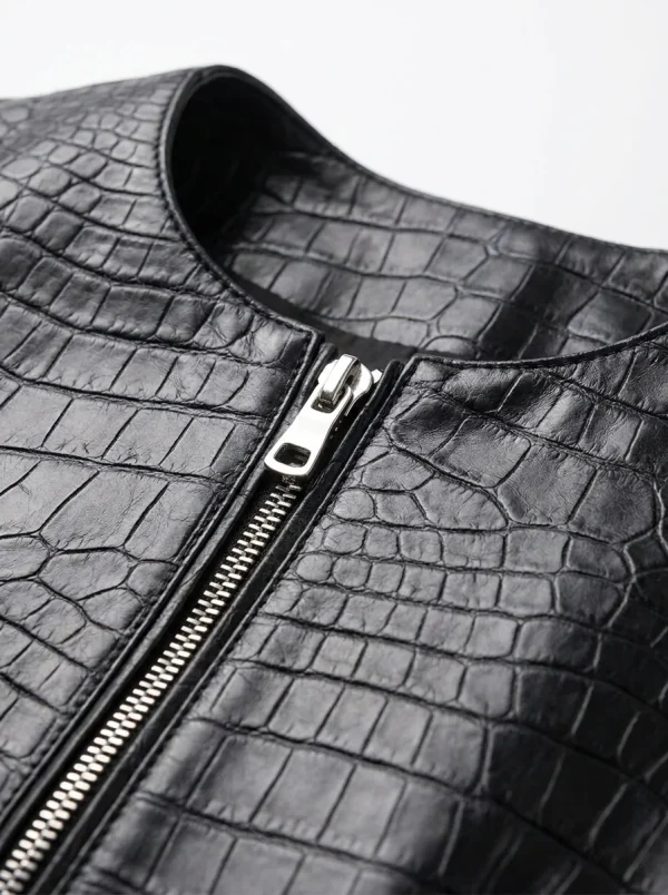 Black Solferino Crocodile Collarless Jacket, neckline and zip detail
