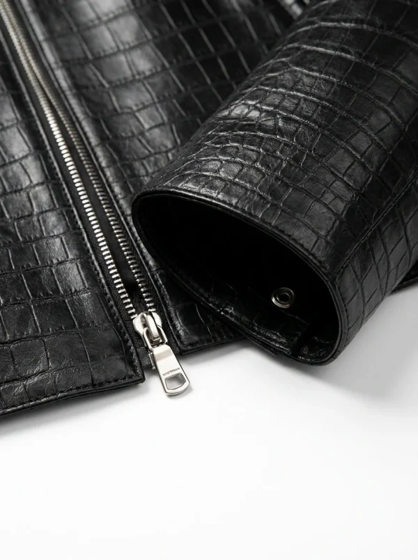 Black Solferino Crocodile Collarless Jacket, cuff detail