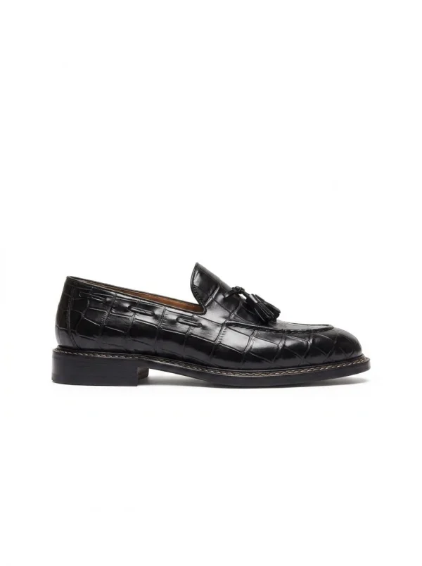 Black Sorrento Alligator Tassel Loafer, side profile