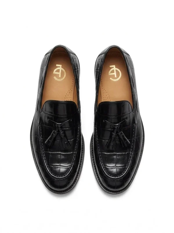 Black Sorrento Alligator Tassel Loafer, top view