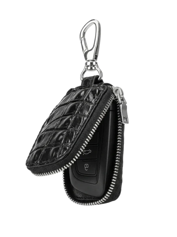 Black Spoleto Crocodile Key Case, open, three-quarter view