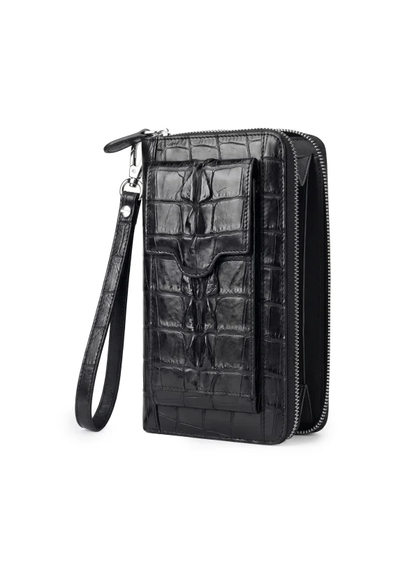 Black Tremont Alligator Clutch Wallet, three-quarter view