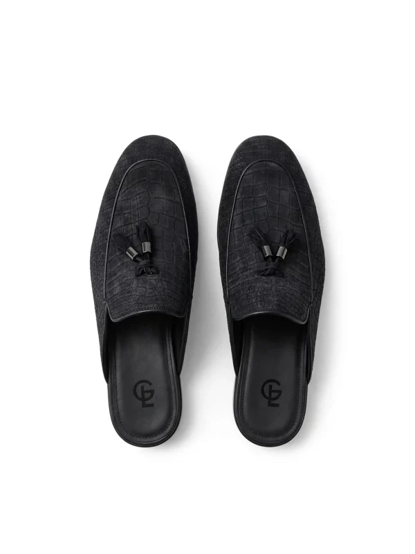 Black Valdano Nubuck Crocodile Mules, top view