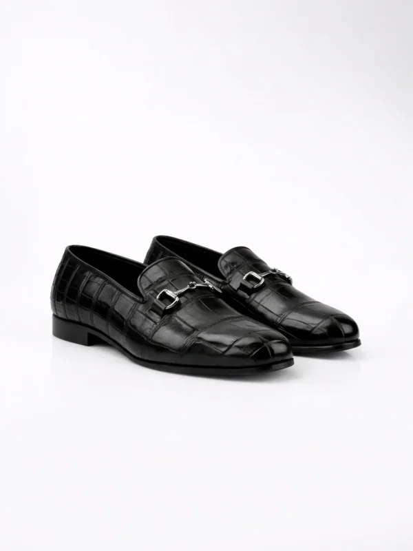 Black Valdoro Alligator Loafers, three-quarter view