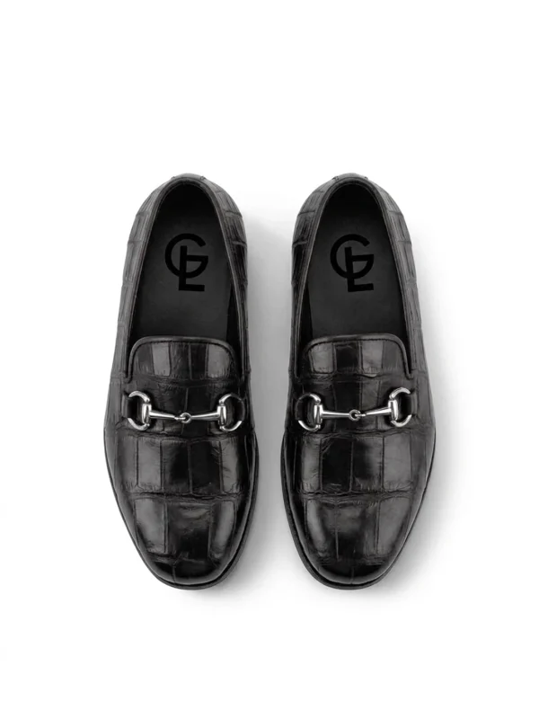 Black Valdoro Alligator Loafers, top view