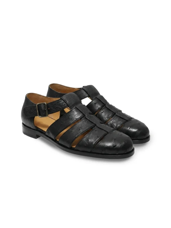 Black Valdovino Ostrich Sandals, three-quarter view