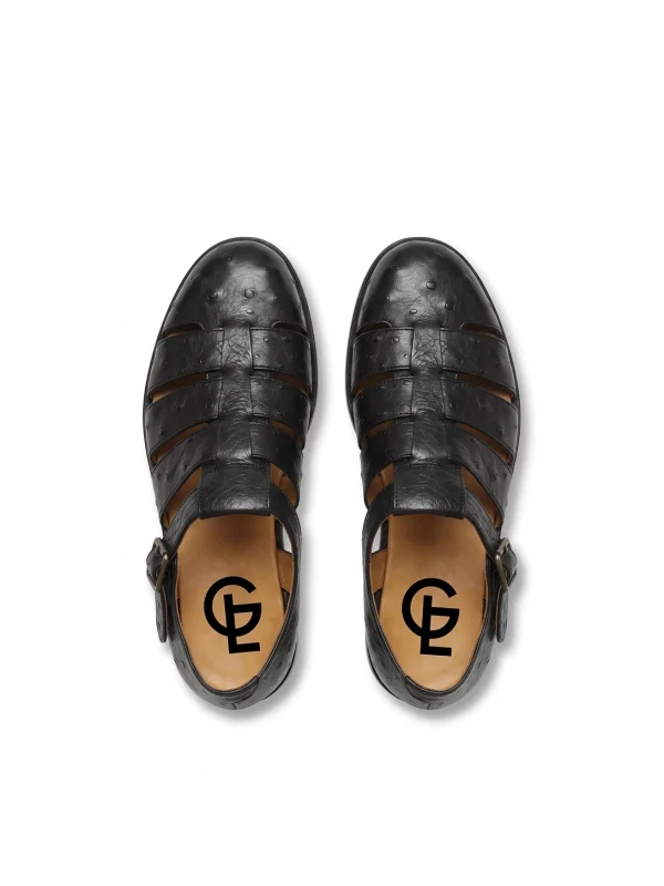 Black Valdovino Ostrich Sandals, top view