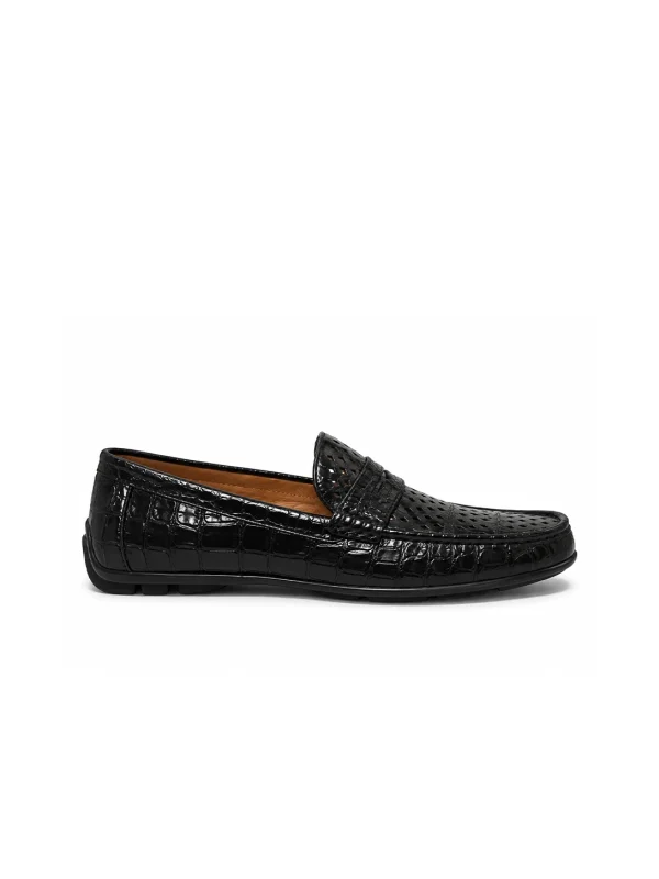 Black Valentino Alligator Slip-On Loafers, side profile