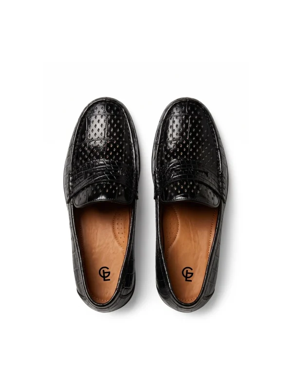 Black Valentino Alligator Slip-On Loafers, top view