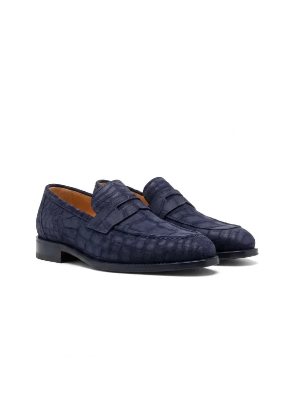 Blue Aristano Suede Crocodile Loafers, three-quarter view