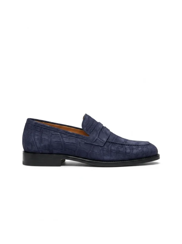 Blue Aristano Suede Crocodile Loafers, side profile