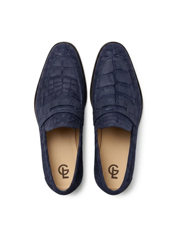 Blue Aristano Suede Crocodile Loafers, top view