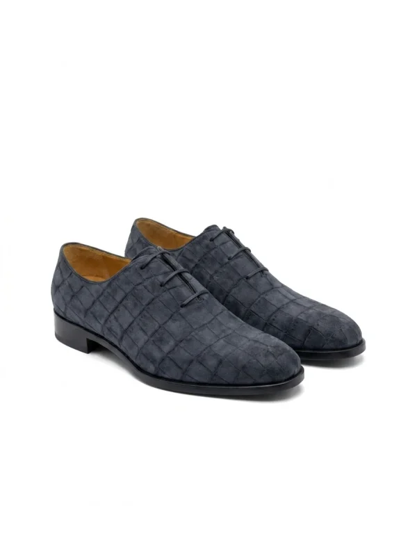 Blue Cortesi Nubuck Alligator Oxford Shoes, three-quarter view