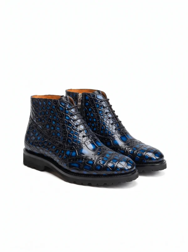 Blue Dorchester Crocodile Brogues, three-quarter view
