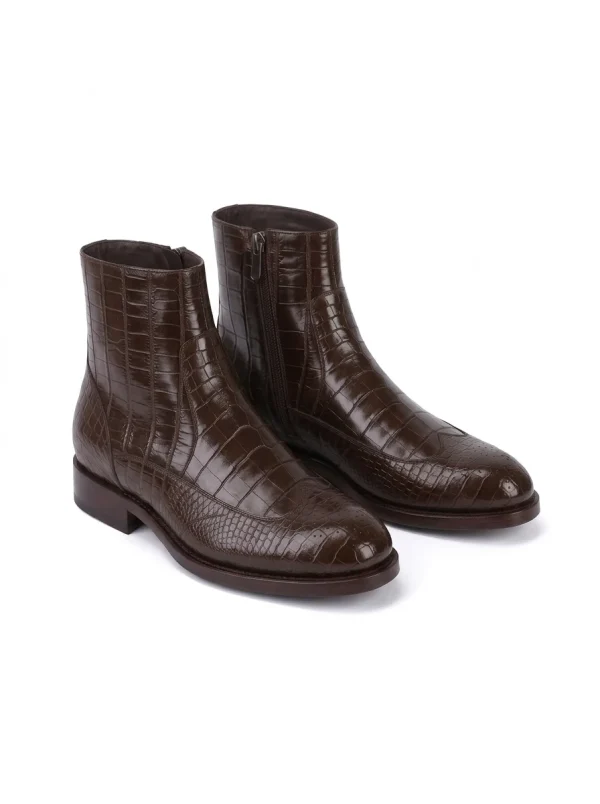 Brown Althorpe Crocodile Ankle Boots, three-quarter view