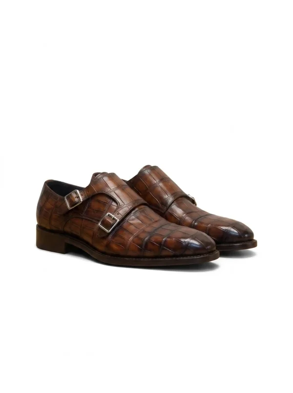 Brown Aristano Alligator Monk Strap Shoes, three-quarter view