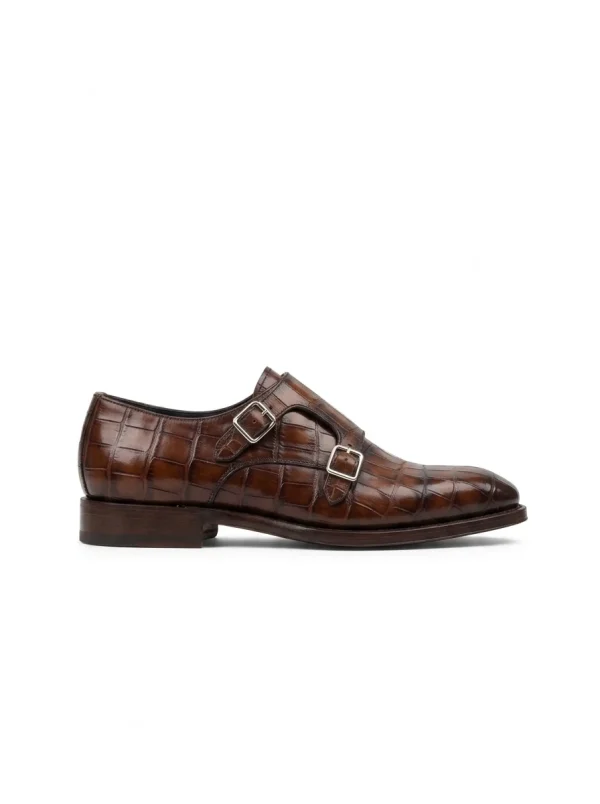 Brown Aristano Alligator Monk Strap Shoes, side profile
