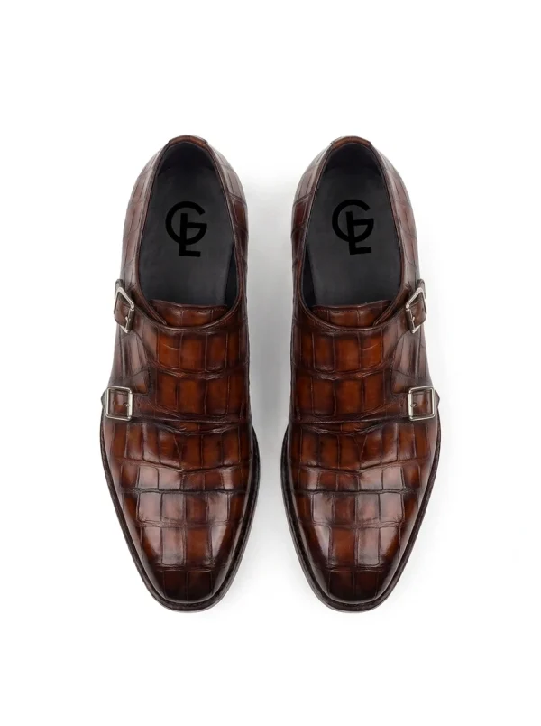 Brown Aristano Alligator Monk Strap Shoes, top view