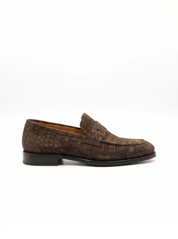 Brown Aristano Suede Crocodile Loafers, side profile