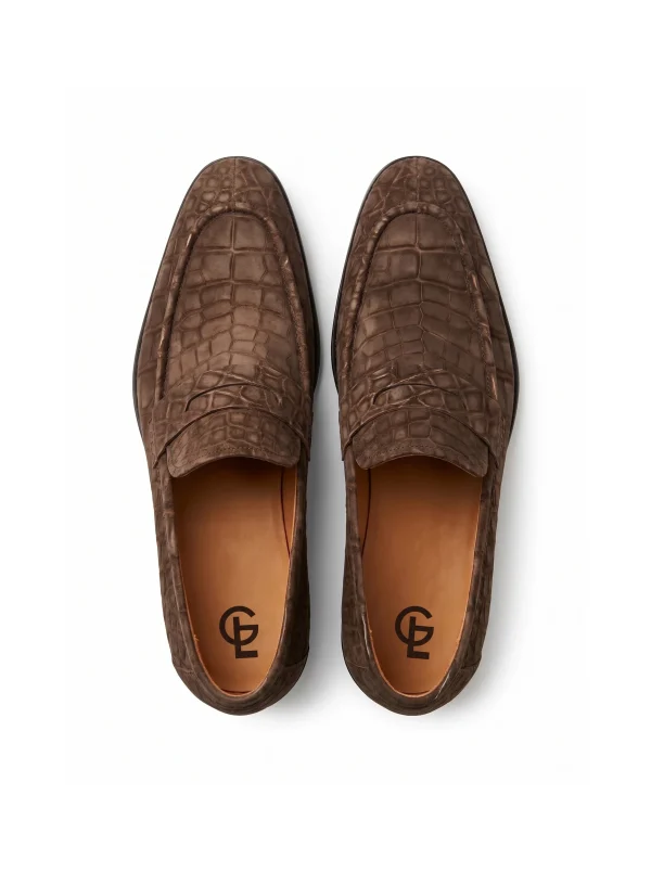 Brown Aristano Suede Crocodile Loafers, top view