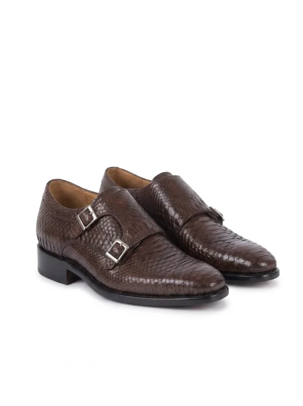 Brown Bardolino Python Monk Strap Shoes, three-quarter view