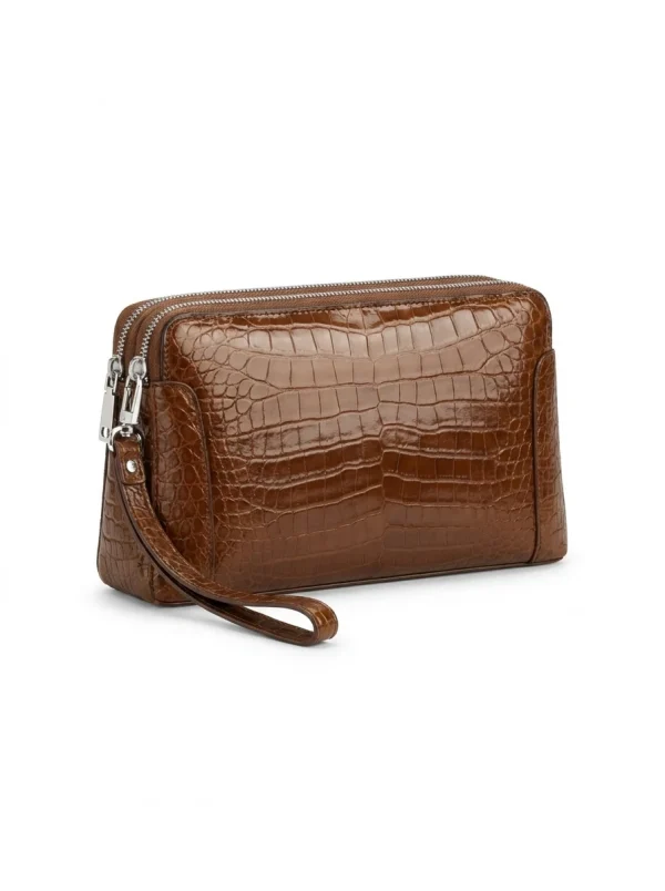 Brown Bramshaw Crocodile Travel Clutch, front view