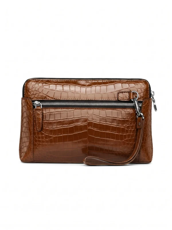 Brown Bramshaw Crocodile Travel Clutch, open interior