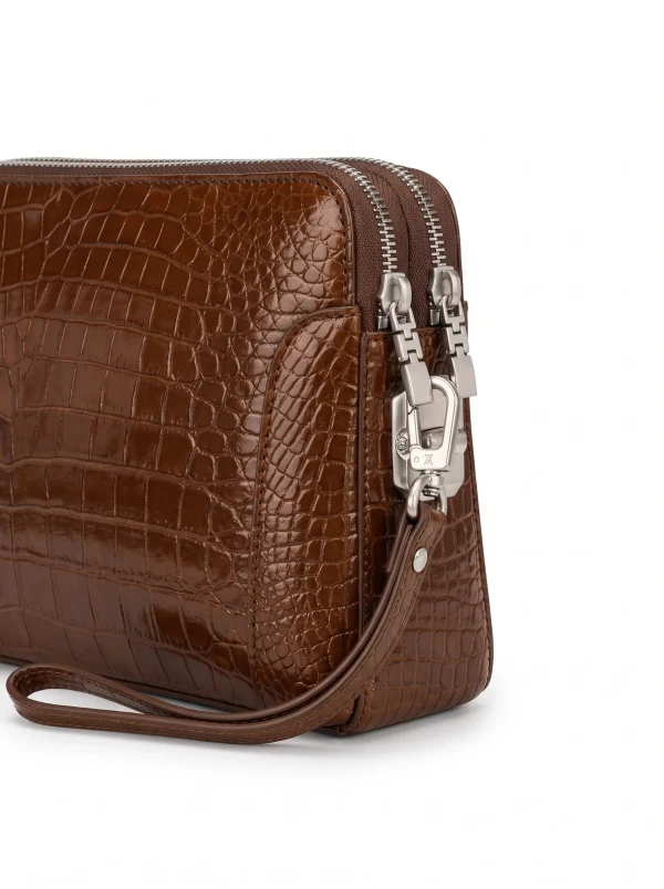 Brown Bramshaw Crocodile Travel Clutch, skin detail