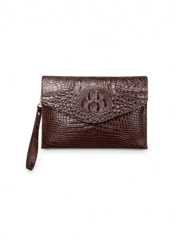 Brown Brancaster Crocodile Envelope Clutch, front view