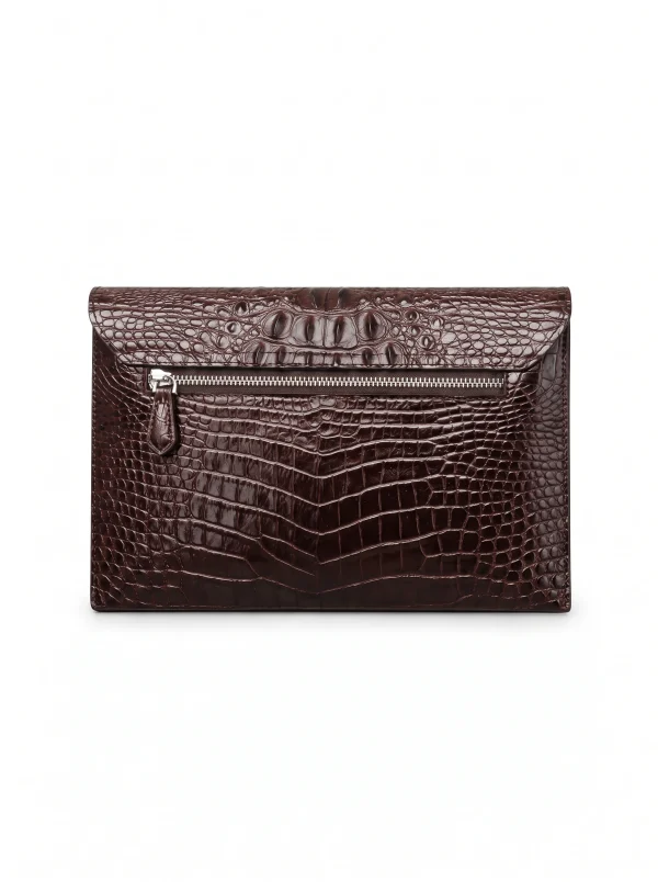 Brown Brancaster Crocodile Envelope Clutch, open interior