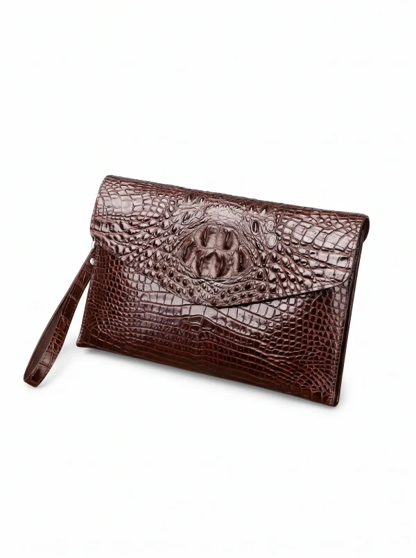Brown Brancaster Crocodile Envelope Clutch, skin detail