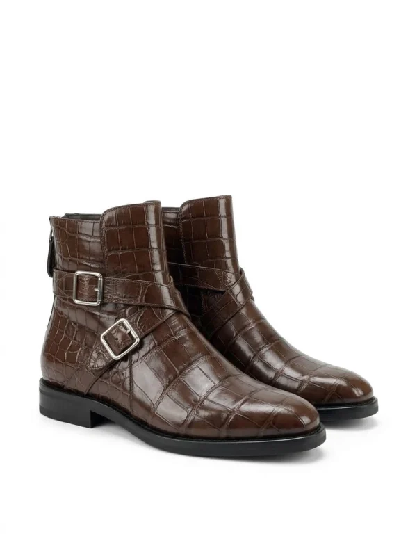 Brown Clarendon Alligator Ankle Boots, three-quarter view