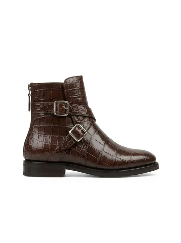 Brown Clarendon Alligator Ankle Boots, side profile