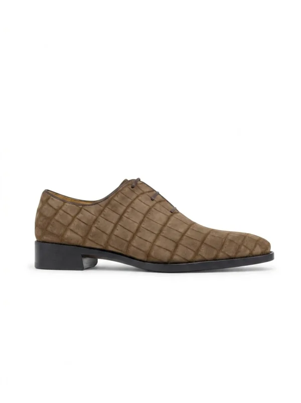 Brown Cortesi Nubuck Alligator Oxford Shoes, side profile